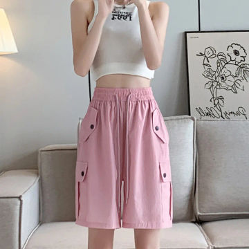 SAYTHEN Pink Work Shorts Women's Summer Thin 2023 New High Waist Casual Slim American Quick Dried Sports Capris ST237241