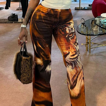 Weird Puss Tiger Print Flare Pants Women 2023 Y2K Summer Trend Skinny Elastic Wild Casual Streetwear Basic High Waist Trousers