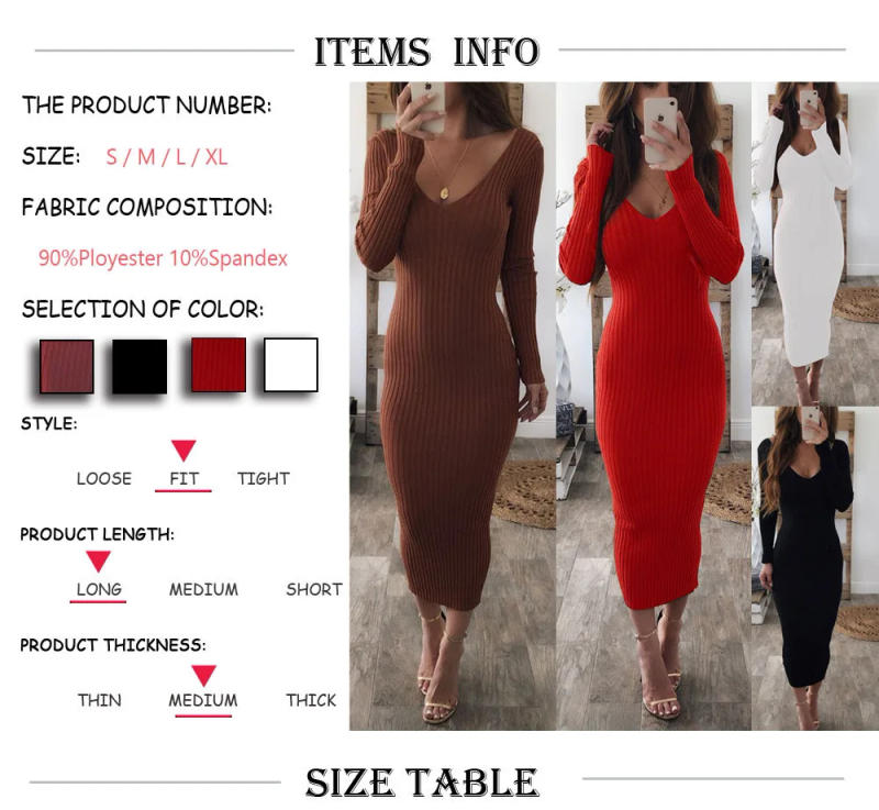 Description Picture 2 of itemWomen Package Hip Knitted Winter Dress Sexy Low Chest Deep V Neck Elegant Slim Bodycon Dress Autumn Pencil Long Vestidos Female