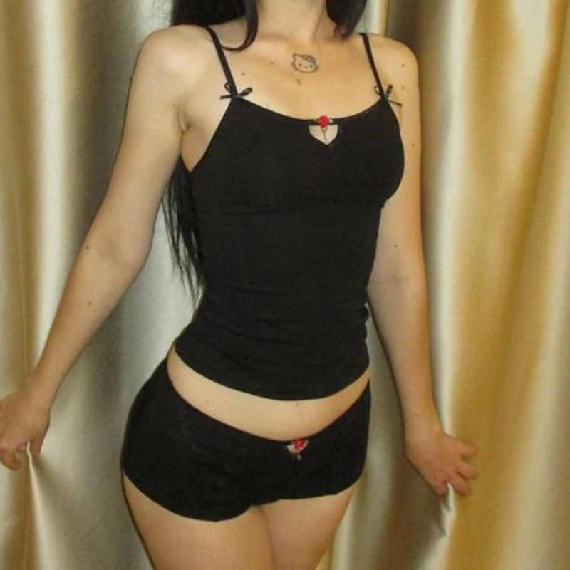 Description Picture 5 of itemFairy Coquette Pajamas Women Sexy 2 Piece Set Kawaii Spaghetti Strap Camis Crop Tops + Shorts Vintage Loungewear Y2K Outfits