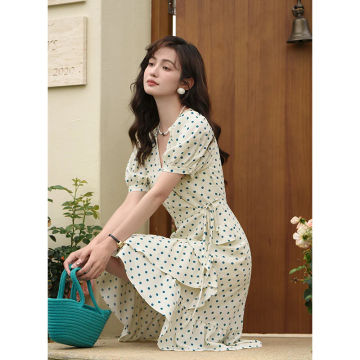 MISHOW French Retro Dot Dress for Women 2023 Summer A-LINE RUFFLES Slim High Waist Puff Sleeve V-Neck Midi Dresses MXC35L1329