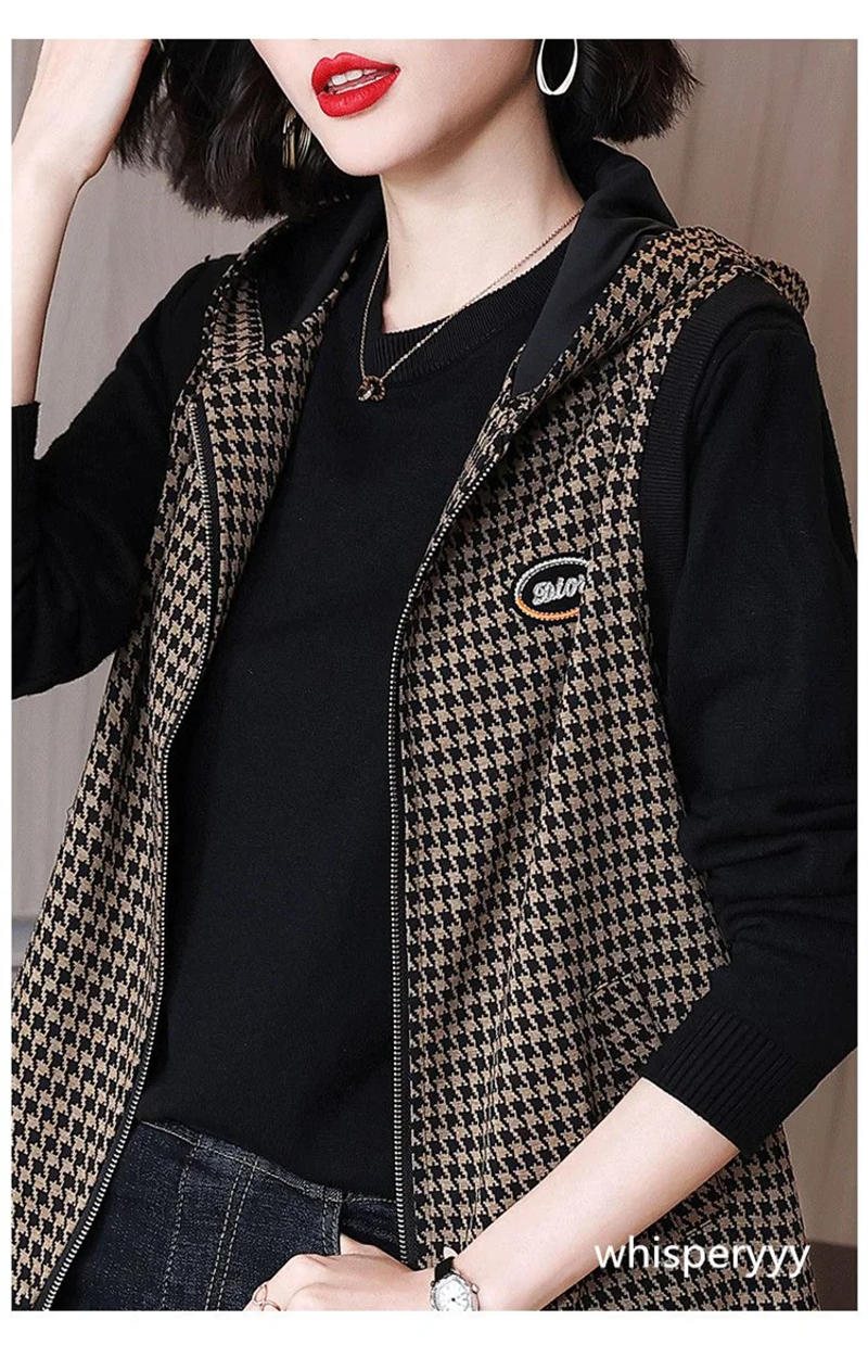 Description Picture 4 of itemHooded Vest Plaid Spring Autumn Sleeveless Jacket for Women 2023 Fashion Female Clothing Waistcoat New Outerwear Loose Casual