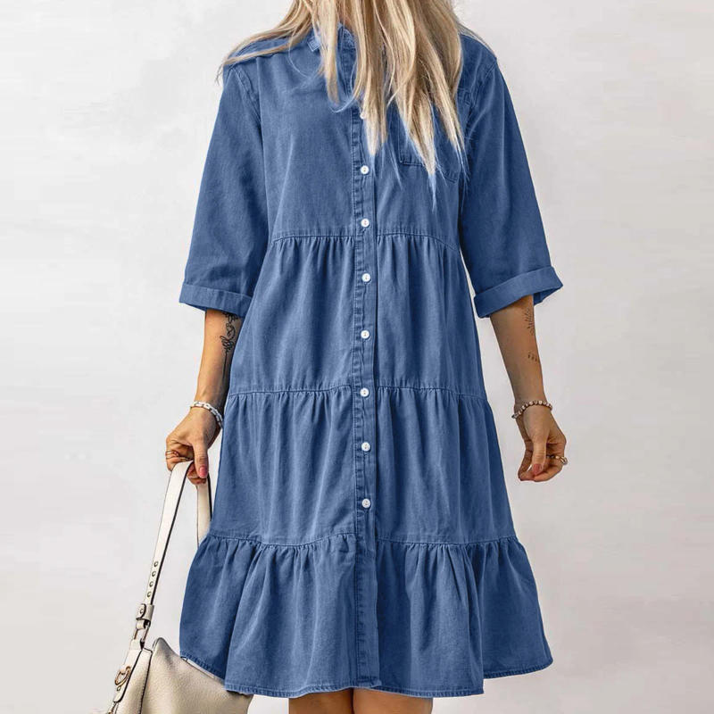Description Picture 3 of itemWomen Single Breasted Solid Color Denim Shirt Dress Three Quarter Sleeve Turn Down Collar Pleated Dress Classic Streetwear Suit