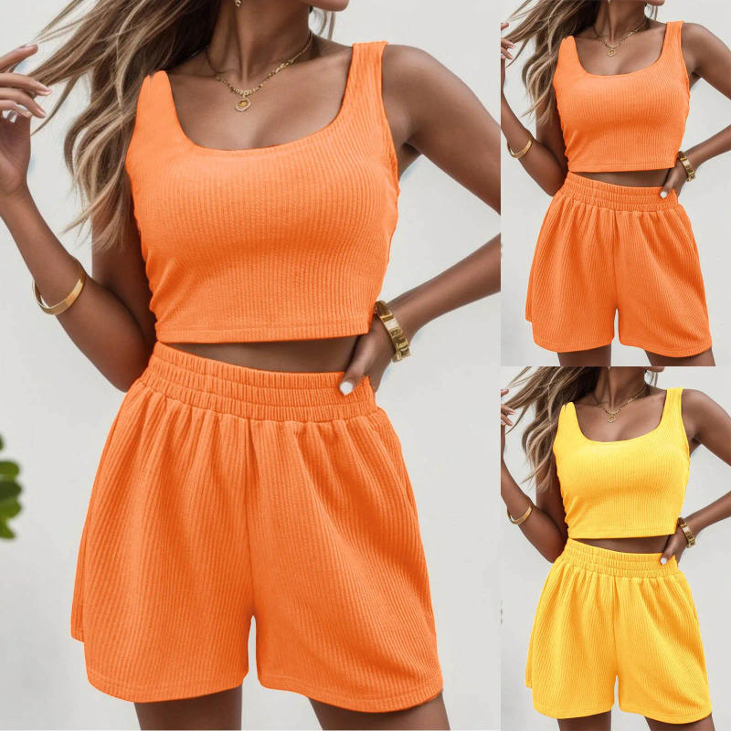 Description Picture 2 of itemOrange Two Piece Outfits Women Soft Shorts Sets Light 2 Piece Sleeveless Matching Crop Top And High Waisted Beach Shorts femme