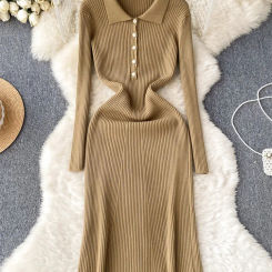 SINGREINY Lapel Knit Long Dress Elegant Long Sleeve Button Elastic Waist Solid Fashion Ladies Casual Ribbed Sweater Dresses