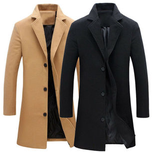 Fashion Men Winter Solid Color Single Breasted Lapel Long Coat Jacket Overcoat