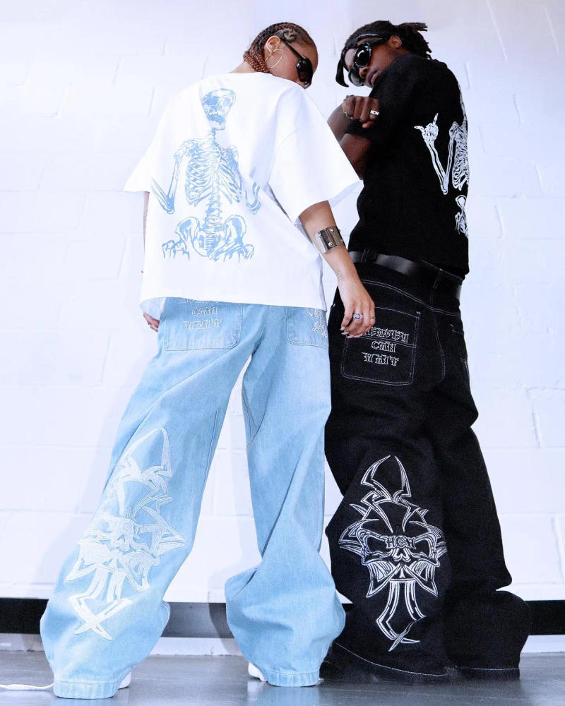 Description Picture 6 of itemJeans Y2k Retro Skull Embroidery Pattern Men Women Loose Jeans New Harajuku Hip Hop Straight Casual Loose Pants for Streetwear