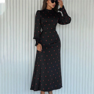 Stain Printing Long Dresses Slim Lace-up  Long Sleeve Casual Robe Elegant Bodycon Party Vestidos