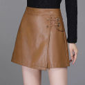 Coffee Colored PU Leather Shorts for Women's Autumn and Winter 2023 New High Waisted Loose A-line Leggings