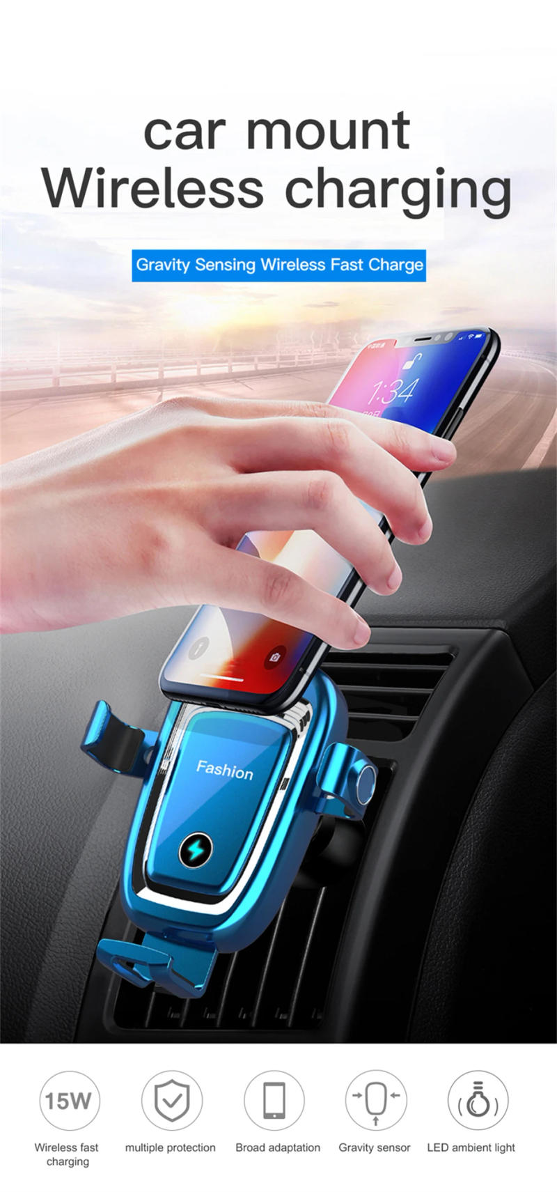 Description Picture 2 of item15W Wireless Charger Car Holder Mount S19 Qi Fast Chargers Gravity Induction Big Coil Air Vent Vehicle Phone Charger Stand