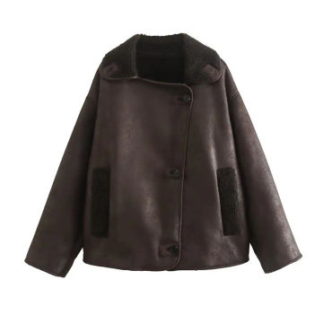 TRAFZA Woman Retro Jacket Female Streetwear Jacket Solid Turn-Down Collar Long Sleeve Pocket Single Breasted Winter Thick Coats