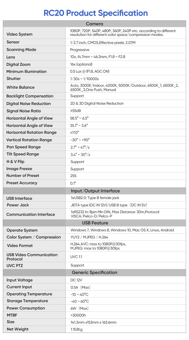 Description Picture 2 of itemConference Camera PTZ Video HD USB 10X+16X Digital Zoom For Educate Live Business Meeting Equipment Remote Teaching Telemedicine