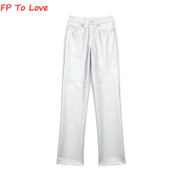 Shining Silver Wide Leg Pants Chic Faux Leather PU Long Trousers High Streetwear Woman Bloggers5114602808Female Straight Quality