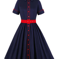 Tonval Turn-Down Collar Button Up Rockabilly Vintage 50s Cotton Shirt Dress Short Sleeve Women Red Belt Elegant Pleated Dresses
