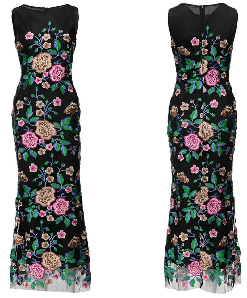 Description Picture 5 of itemFashion Designer Spring Summer Women Long Mesh Dress O-Neck Sleeveless Flowers Embroidery Vintage Party Slim Dresses
