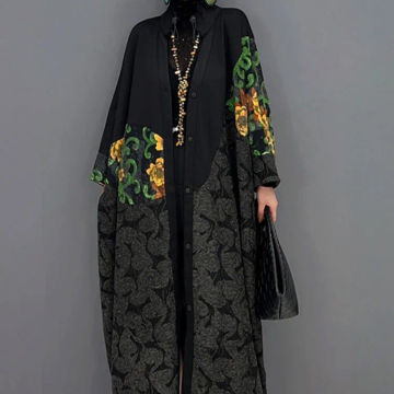 2023 Autumn Winter Stand Collar Cardigan Trench Coat Loose Mid-length Printing Temperament Leisure Coat Black Women's LHX3220