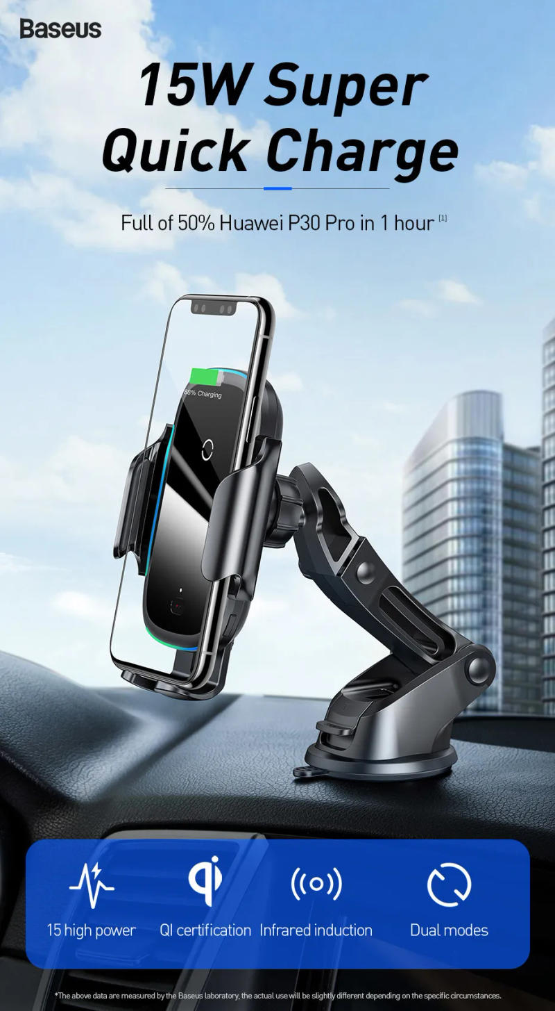Description Picture 2 of itemBaseus Qi Car Wireless Charger for iPhone 11 Samsung Xiaomi 15W Induction Car Mount Fast Wireless Charging with Car Phone Holder