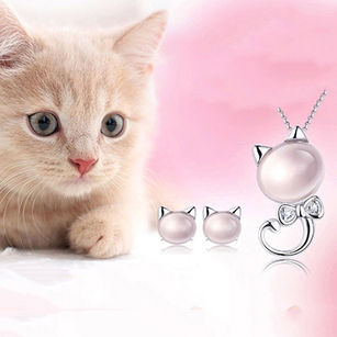 Women's Fashion Cute Kitten Rhinestone Pendant Silver Plated Chain Necklace