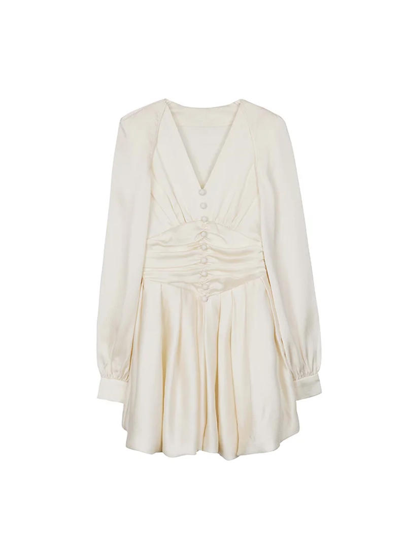 Description Picture 2 of itemFrench Gentle Women's Beige V Neck Button Pleated Short Dresses Spring Autumn Long Lantern Sleeve Slim Party Mini Dress Vintage