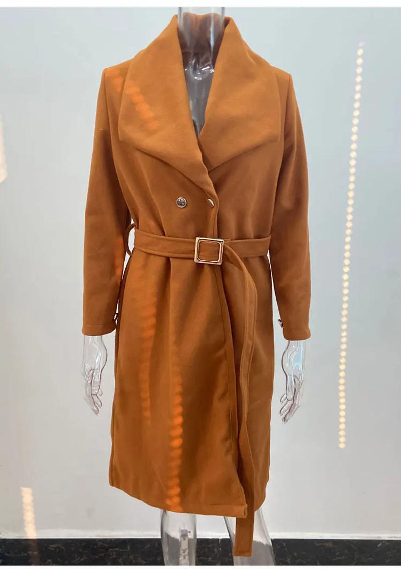 Description Picture 5 of item2023 Autumn/Winter New Women's Solid Color Simple Long Sleeve Windbreaker V-Neck Button Coat Lacing Wool Coat Long Style