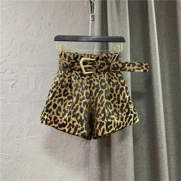 High Waist Casual Leopard Print Shorts Female 2023 Spring Wild Belt Wide Leg Pants Fashion Loose A-Line Hot Pants Women H2958