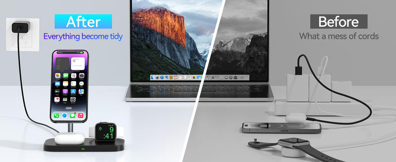 Description Picture 3 of itemNEWDERY 3 in 1 Wireless Charger Stand for Apple Watch 8, SE, 7, 6, 5, 4, 3Airpods Fast Charging Station iPhone 14, 13,12 Series