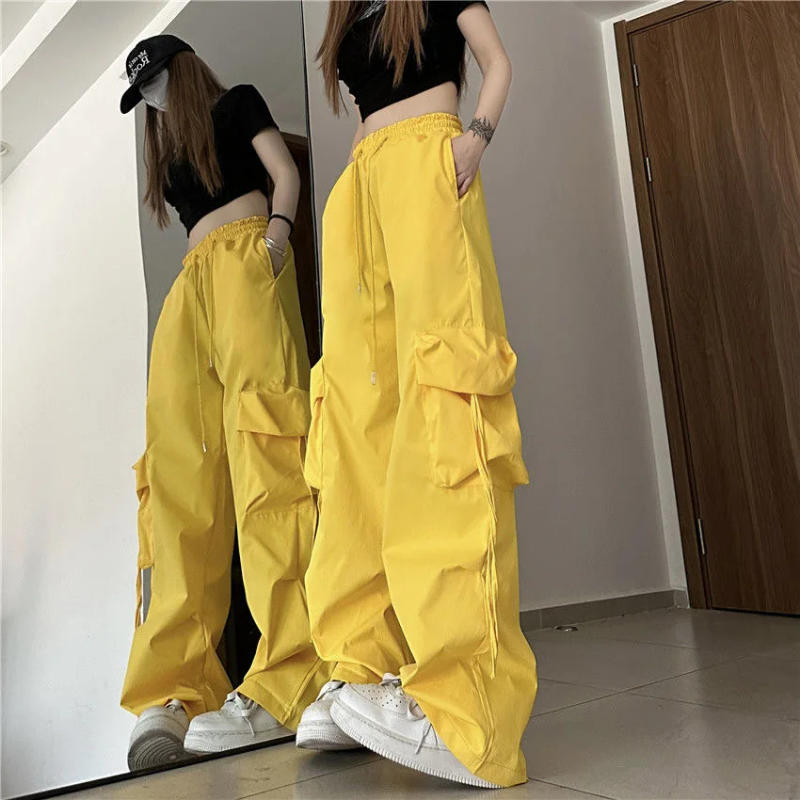 Description Picture 5 of itemY2K Women Cargo Pants Harajuku Solid Pockets Drawstring Wide Leg Trousers Streetwear Hip Hop Baggy Tech Joggers Pants Sweatpants