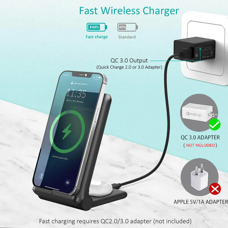 Description Picture 6 of item20W 2 in 1 Fast Wireless Charger Induction Charging Stand For Samsung S23 S22 For iPhone 14 13 12 11 Pro Max XR X 8 Airpods Pro