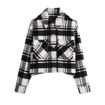 UNIZERA2023 Autumn New Women's Casual Loose Single breasted Pocket Decoration Checkered Short Shirt Coat