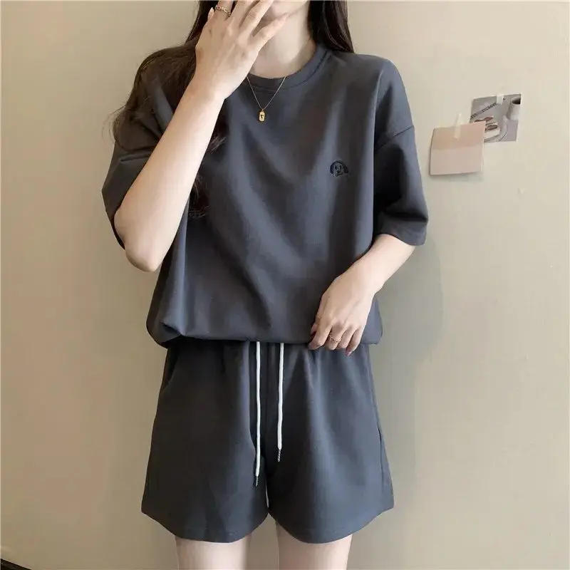 Description Picture 4 of itemWomen Tracksuit Summer Solid T-Shirt Shorts Matching Outfit Casual 2 Piece Sets Loose High Waist Short Pants O-Neck Simple Suit