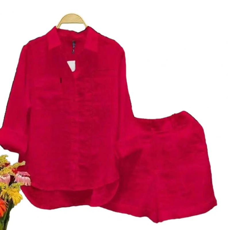 Description Picture 2 of item2 Pcs/Set Women Shirt Shorts Set Solid Color Loose Long Sleeves  Patch Pockets Irregular Hem Lapel Casual Female Spring Outfit