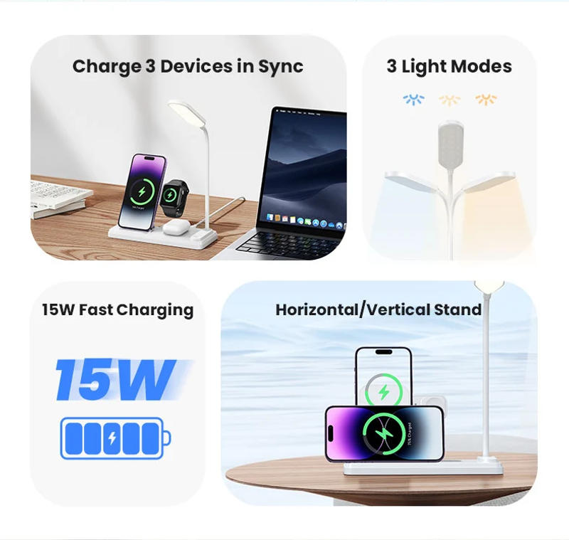 Description Picture 3 of itemUSAMS 15W 4 in 1 Qi Wireless Charging Holder With Table Lamp For Phone With Qi Wireless Charging Function For iPhone AirPods