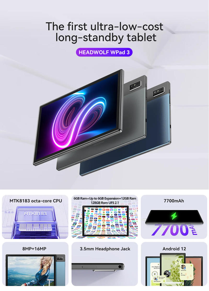 Description Picture 2 of itemHEADWOLF WPad 3 Android 12 Tablet 10.1 inch 6GB RAM 128GB ROM MTK 8183 Octa-core WIFI Tablet PC Camera 8MP+16MP 7700 mAh Battery
