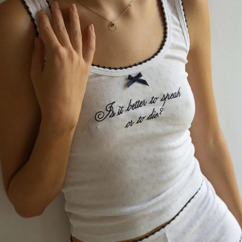 Description Picture 3 of itemCute Bow Lace Trim 2 Piece Clothes Set Chic Women Letter Print Sleeveless Tank Top Vest + Shorts Y2K Fairycore Homewear Pajamas