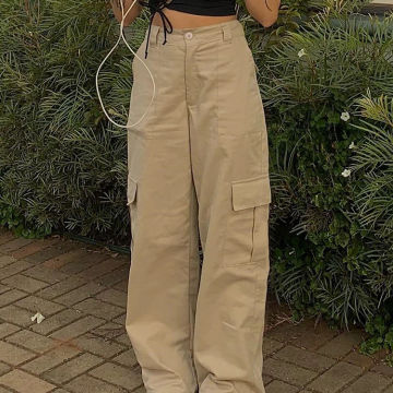 Vintage Cargo Pants Overalls Baggy Jeans Women Fashion 90s Streetwear Big Pockets Wide High Waist Y2k Straight Denim Trousers