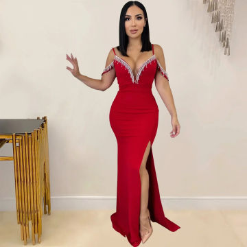 Waterarea Women Drop-shoulder Tassel Deep V-neck Side Split Bodycon Midi Maxi Long Dress 2023 Evening Sexy Party Dresses Vestido