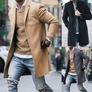 Fashion Men Winter Solid Color Trench Coat Outwear Overcoat Long Sleeve Jacket