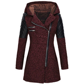 Women's autumn and winter mid length hooded loose diagonal zipper woolen trench coat composite plush cotton jacket