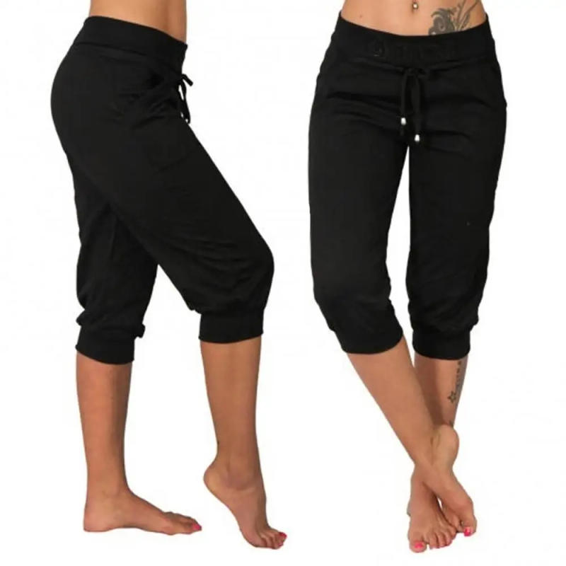Description Picture 3 of itemShorts Drawstring Pants Women Mid Rise Solid Color Mid-calf Lady Capri Pockets Cropped Wide Waistband Sports For Outdoor