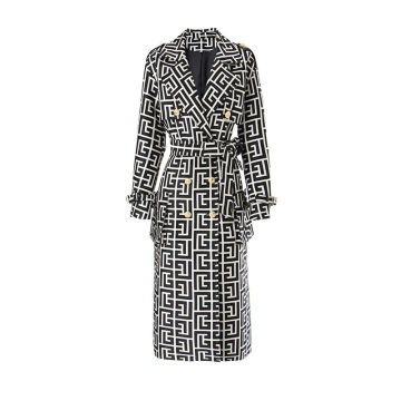 HIGH STREET Newest Fall Winter 2023 Designer Women's Lion Buttons Geometrical Monogram Jacquard Belted Trench OverCoat