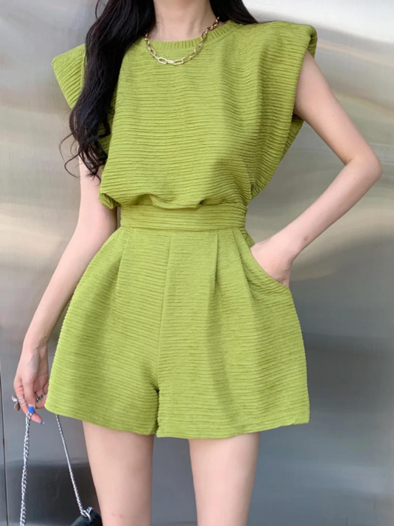 Description Picture 5 of itemYAENHEY Two Piece Set Women Loose Sleeveless T Shirts Solid Tops High Waist Wide Leg Shorts Korean Fashion Female Suits Green