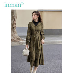 INMAN Women Fake Two Piece Dress 2023 Autumn Long Sleeve Knitted Half High Collar A-shaped Flower Print Lace Up Waist Skirt