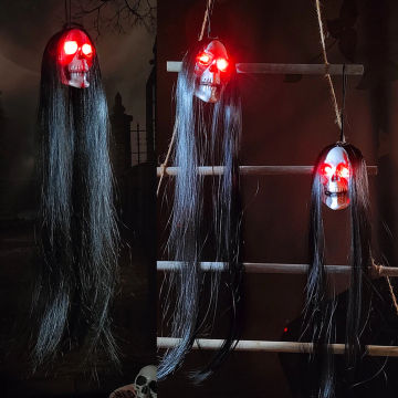 Halloween Hanging Ghost Skull with Long Hair Glowing Eyes Terror Skull Ghost House Head Skeleton Props 2023 Halloween Decoration