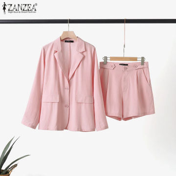 ZANZEA Office Two Piece Sets Women Solid Blazer And High Waist Shorts Elegant Cotton Suit Casual OL Work Outfits Matching Sets