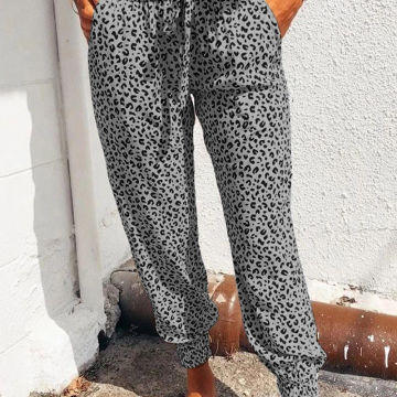 Women Leopard Printed Trousers Loose Lace-up Waist Long Pants with Pockets For Daily Summer Spring Fall Pencil Pant Streetwear