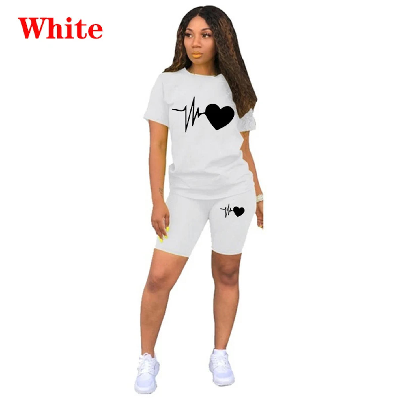 Description Picture 3 of itemSummer New Women Fashion Solid Color Print 2 Piece Sets Casual Sports Suit Short Sleeve T-shirt + Shorts S-3XL
