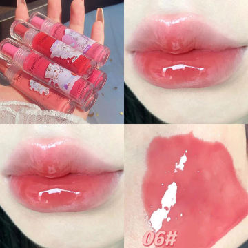 FLORTTE Mirror Water Lip Glaze Lipstick Cute Cat Whitening Lip Plumper Jelly Waterproof Non-stick Lip Gloss Korean Makeup Kit