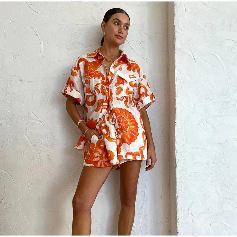 Description Picture 4 of itemWomen's Cotton Linen Two-Piece Set, Print Shirt, Homewear Suits, Casual Short-Sleeved Lapel Loose Blouse, Top and Short Outfit