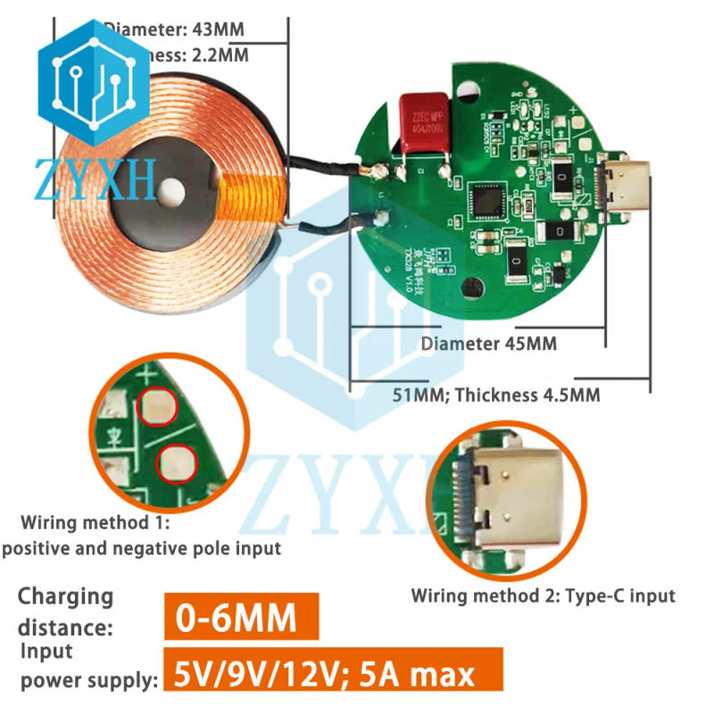 Description Picture 3 of itemDC 5-12V 15W Wireless Charger Transmitter Module Type C + Coil QC/PD/QI Standard Fast Charging Circuit Board for Mobile Phone