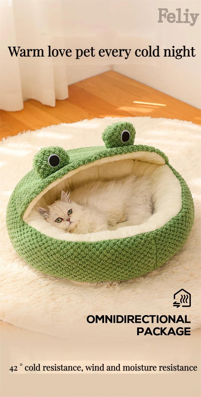 Description Picture 6 of item2023 Boutique Cartoon Frog Series Pet Nest Plush Round Cat Litters Warm Dog House Comfort Puppy Sleeping Bed Kitty Soft Cushion